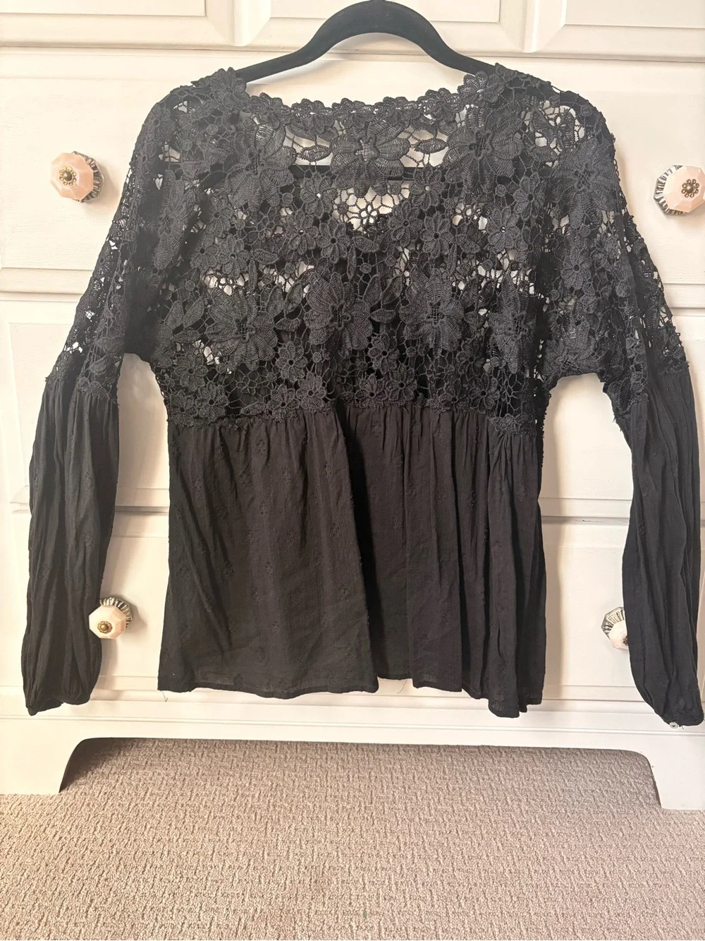 Free People Black Floral Crochet Yoke Long Sleeve Blouse